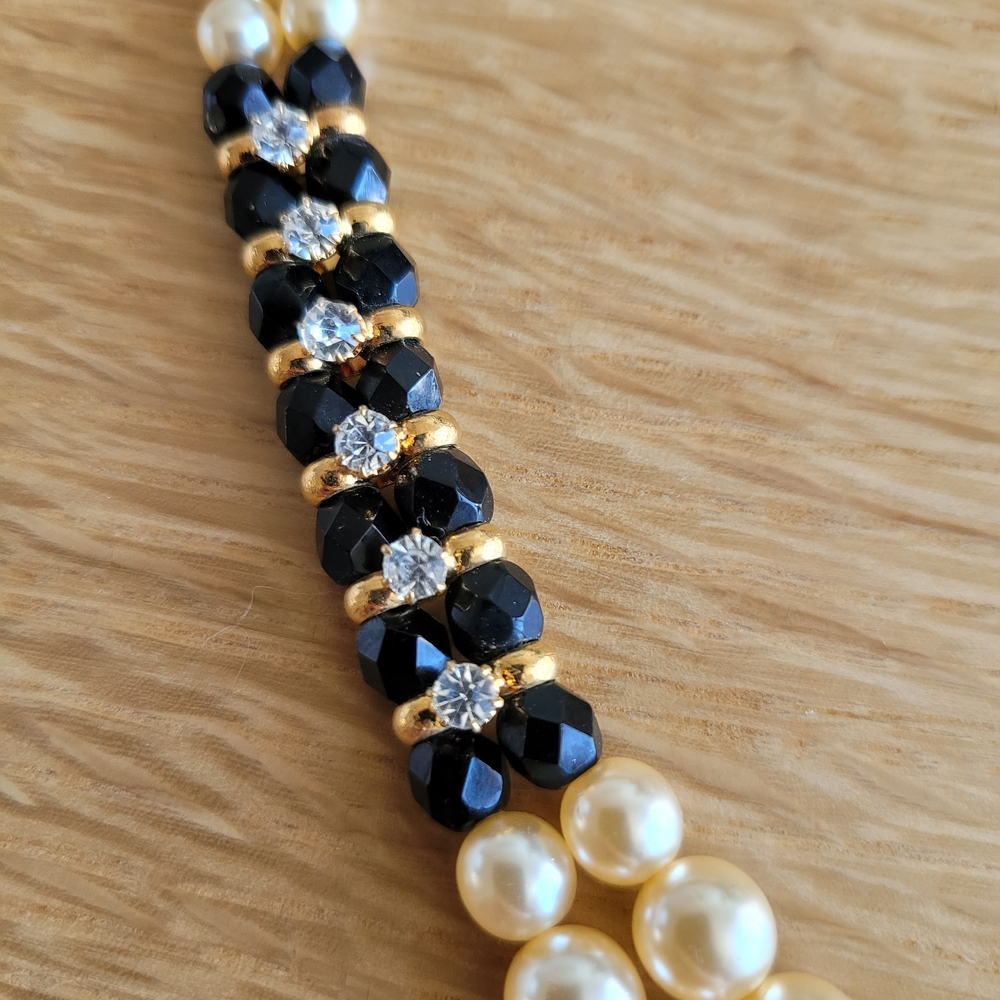 Double Strand Faux Pearl Necklace – Black & Gold – Elegant Statement Piece - Picture 3 of 6